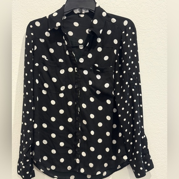 Express Black and White Button Down Polka Dot Shirt with Notched Collar - Picture 1 of 7